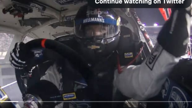 Smoke wafts through the cockpit as Dale Earnhardt Jr. comes to pit road to escape a fire in his race car in Friday's Xfinity race at Bristol Motor Speedway. Photo courtesy NBC Sports.